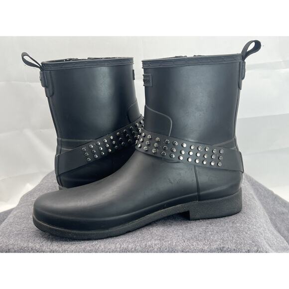 Hunter Refined Black Studded Biker Boot Womens 9 Rubber Rain Pull On Waterproof - Picture 7 of 10